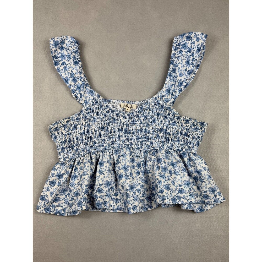 Cottagecore Babydoll Smocked Peplum Blue Floral Blouse Top Women’s L